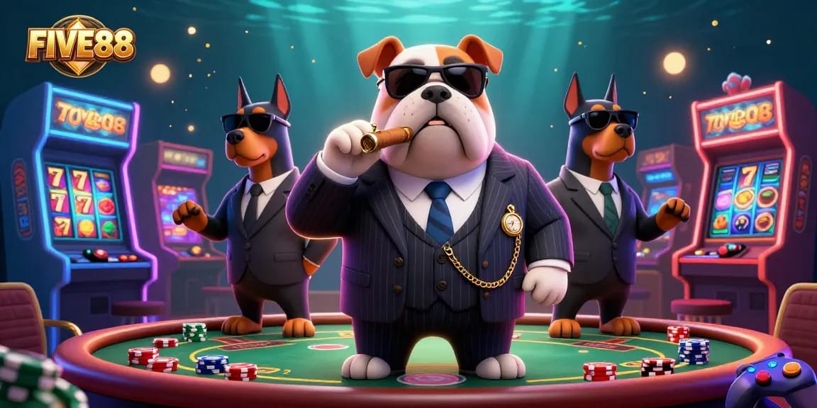 Engage with FIVE88 at dynamic casino games featuring a mafia boss bulldog and Doberman bodyguards.