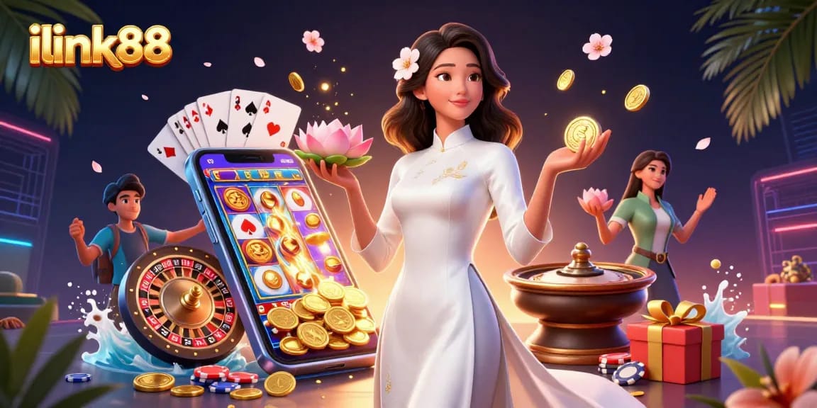 ilink88 offers thrilling gaming action with a beautifully illustrated Vietnamese woman in a casino setting.