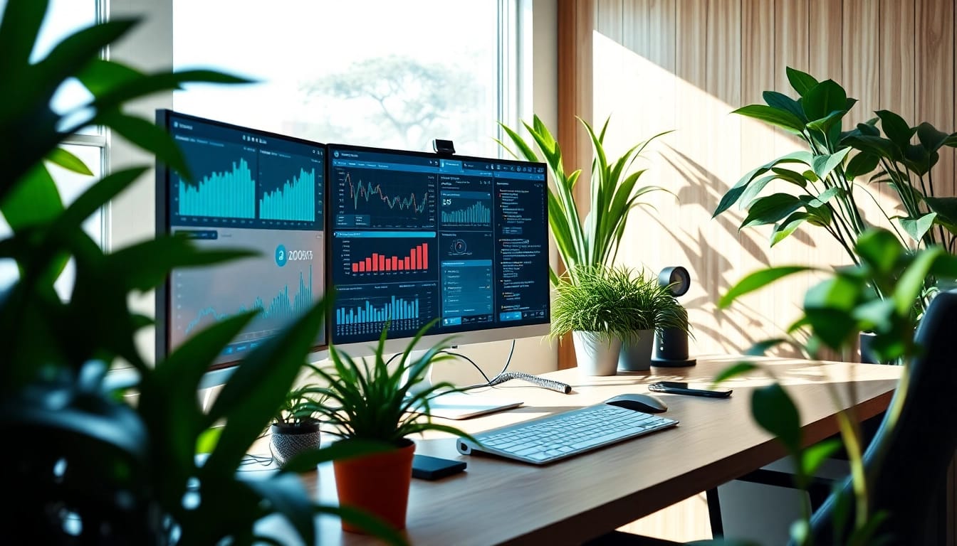 Unogg digital workspace dengan komputer futuristik dan tampilan analitik yang menarik.
