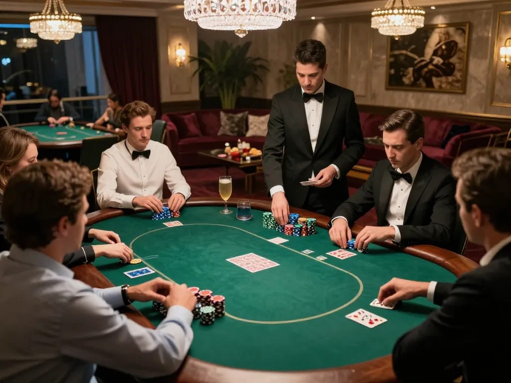 Players enjoying a high-stakes game at XX 88's luxury poker table in a lavish VIP room.