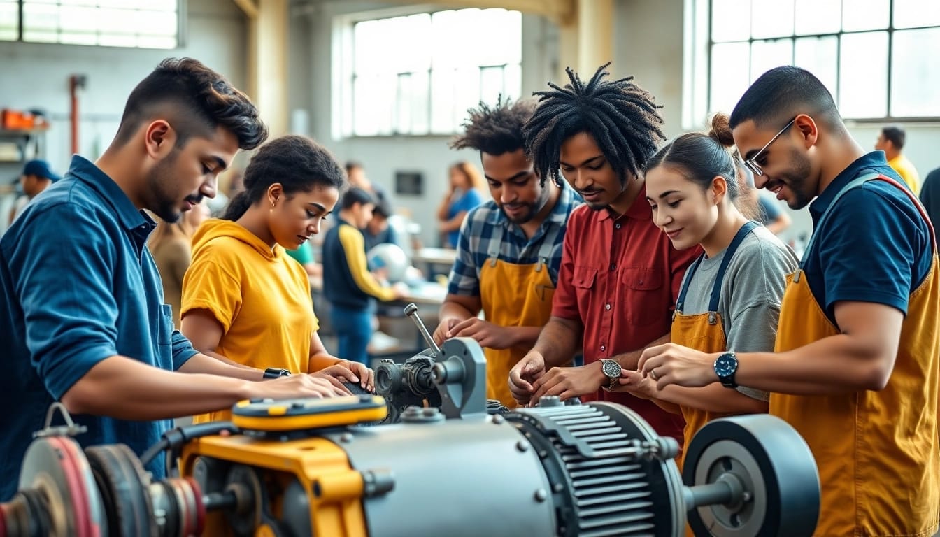 Engaged young adults in apprenticeship programs collaborating on a mechanical project in a workshop.