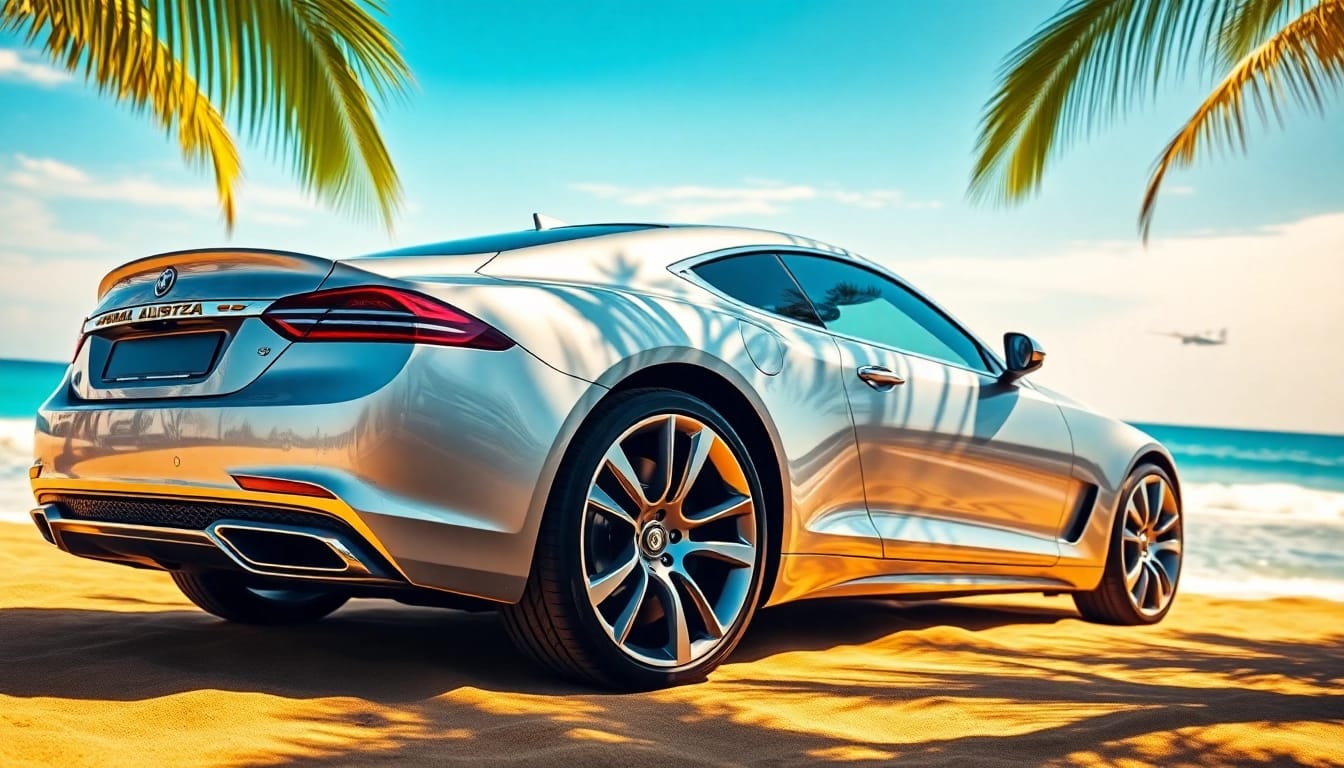 Showcase of a certified luxury cars Durban against a stunning beach backdrop, highlighting elegance.