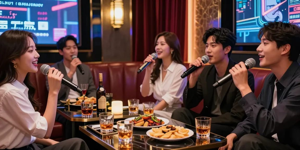 강남 가라오케에서 친구들과 함께 즐기는 프라이빗 룸의 화려한 모습