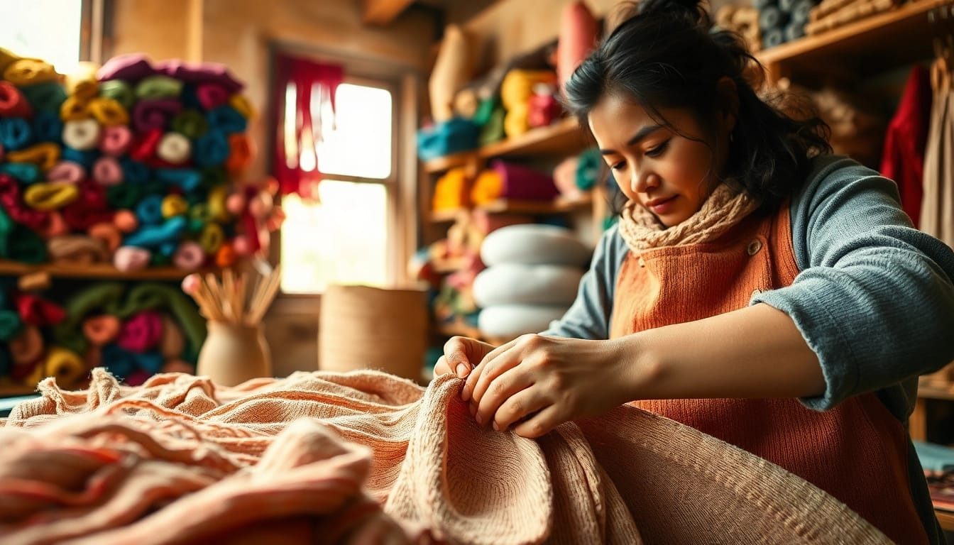 Crafting natural fabrics at Raw Ecoproject, highlighting quality and sustainability.