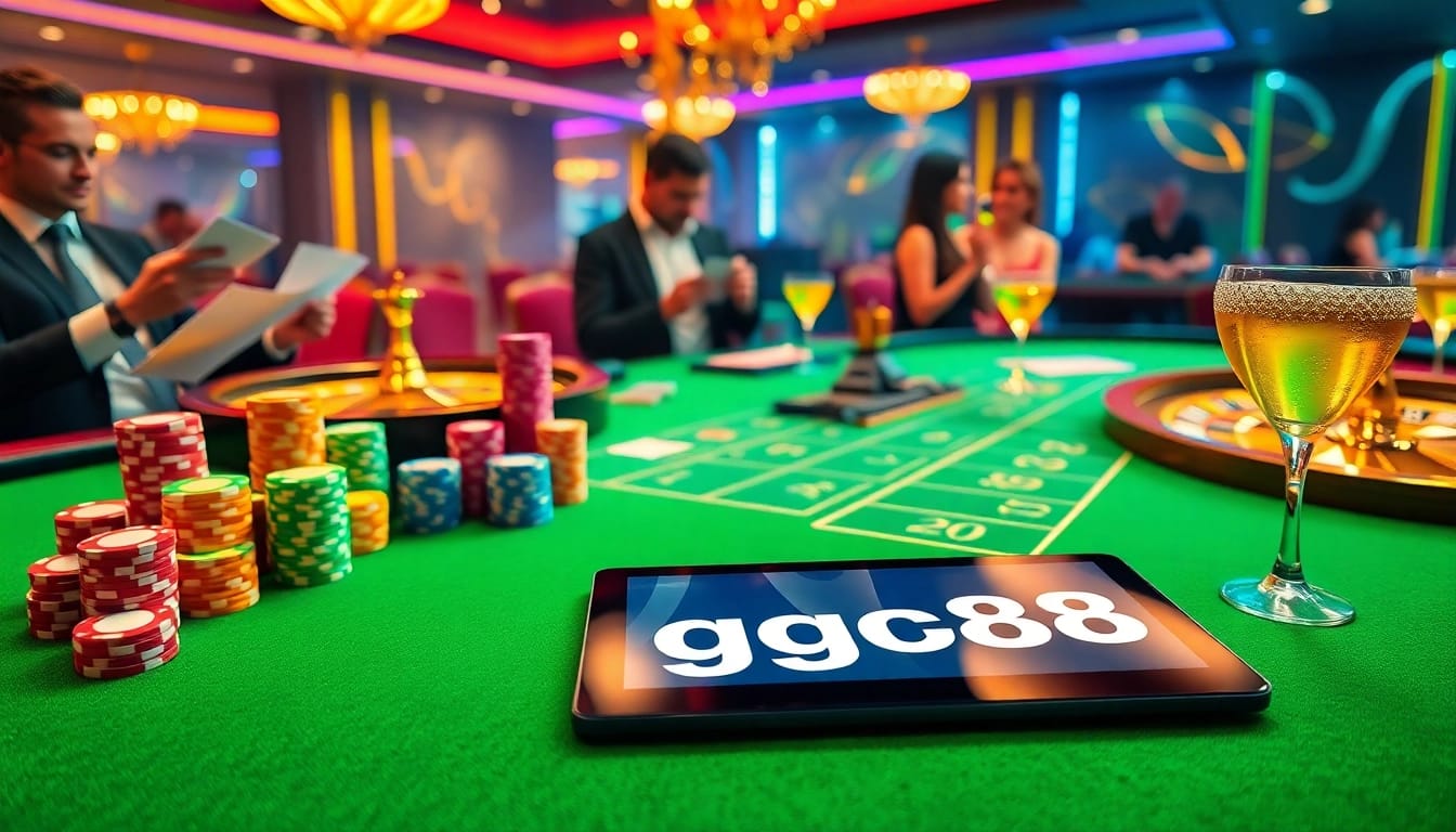 Excited gamblers enjoying gaming at GG88 casino, vibrant tables with poker chips and roulette.