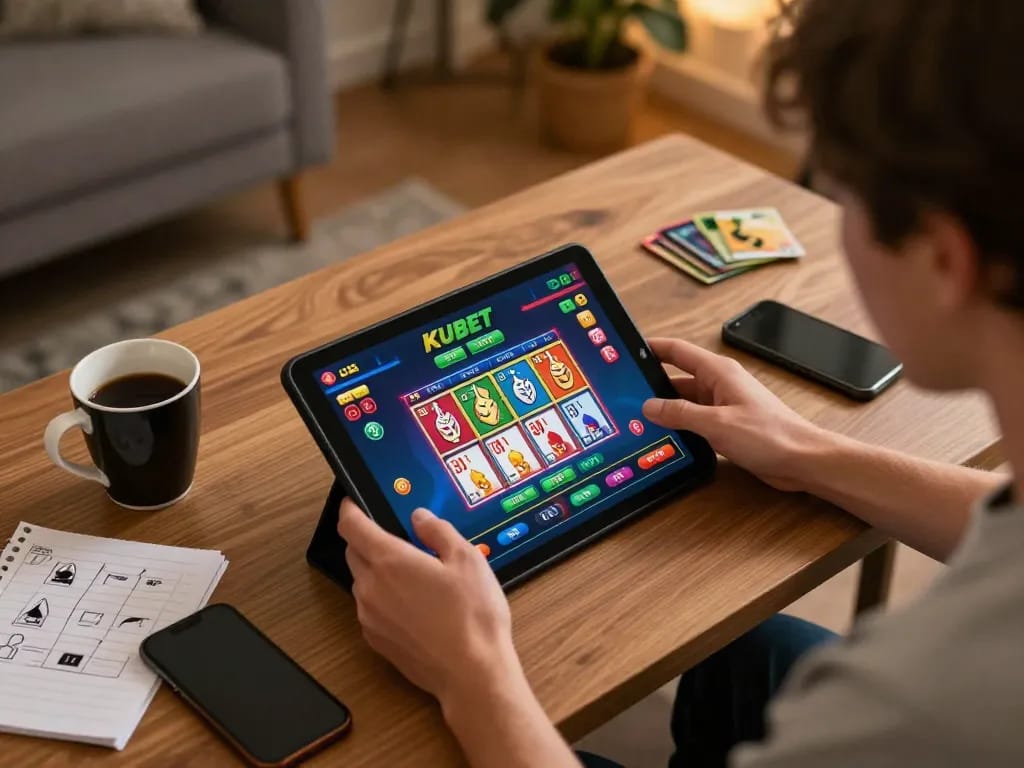 KUBET gaming setup showing a person engaged in live casino action on a tablet.