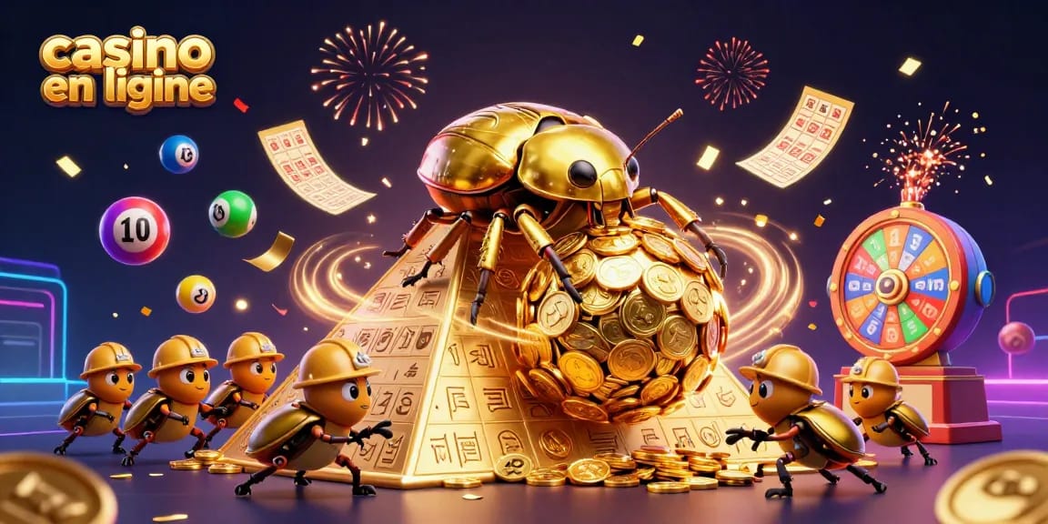 Le casino en ligne s'anime avec des coccinelles dorées et des éléments de jeu colorés.