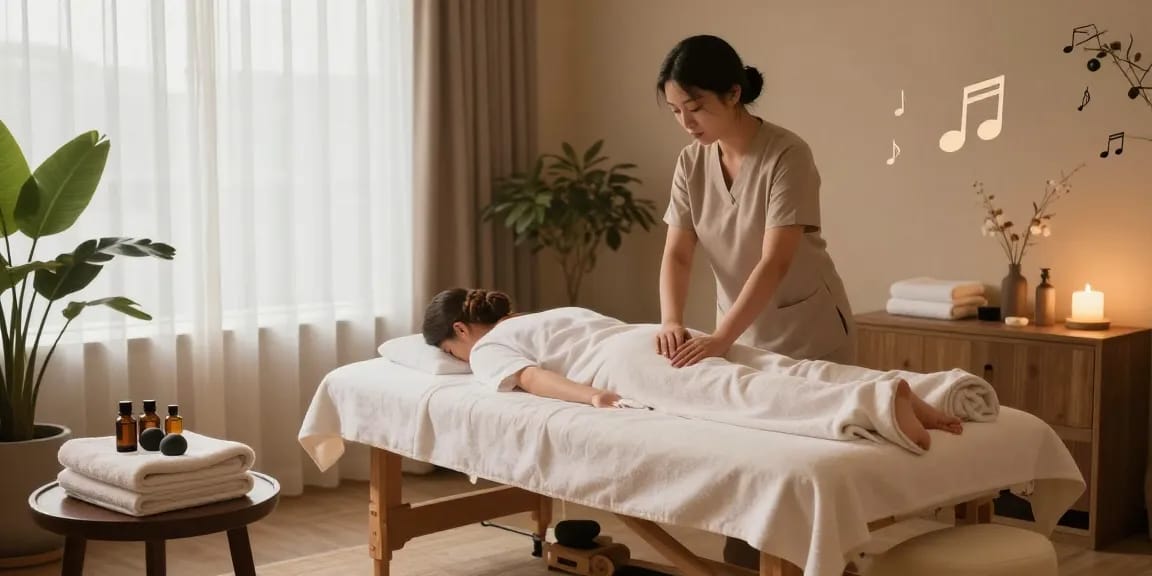 강남스웨디시 마사지 세션을 준비 중인 마사지 치료사와 편안한 스파 인테리어