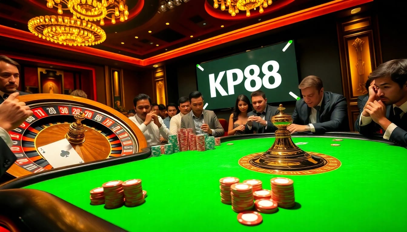 Engaged gamblers strategizing at KP88 poker table with vibrant chips and cards.
