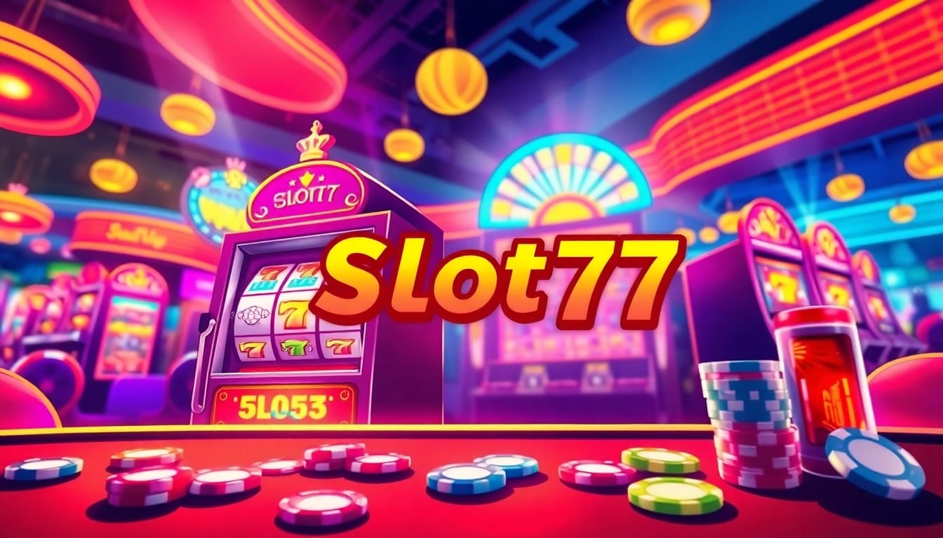 Menangkan Slot77 dengan mesin slot berwarna cerah dan suasana kasino yang hidup.