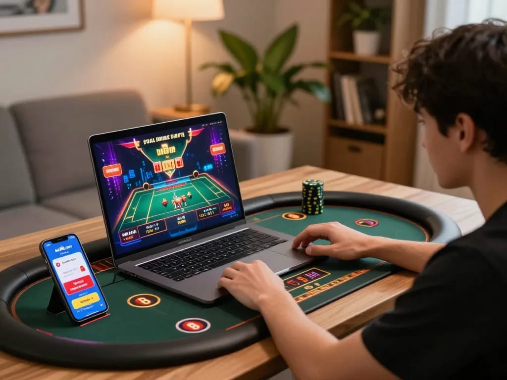 Engaging in strategic gameplay on au88.com with live dealer tables on a laptop in a cozy home setting.