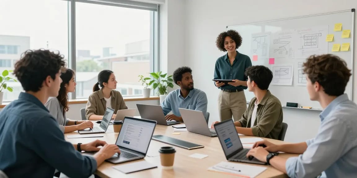 Developers collaborating in a vibrant workspace, focusing on 纸飞机官网 features and innovative software solutions.