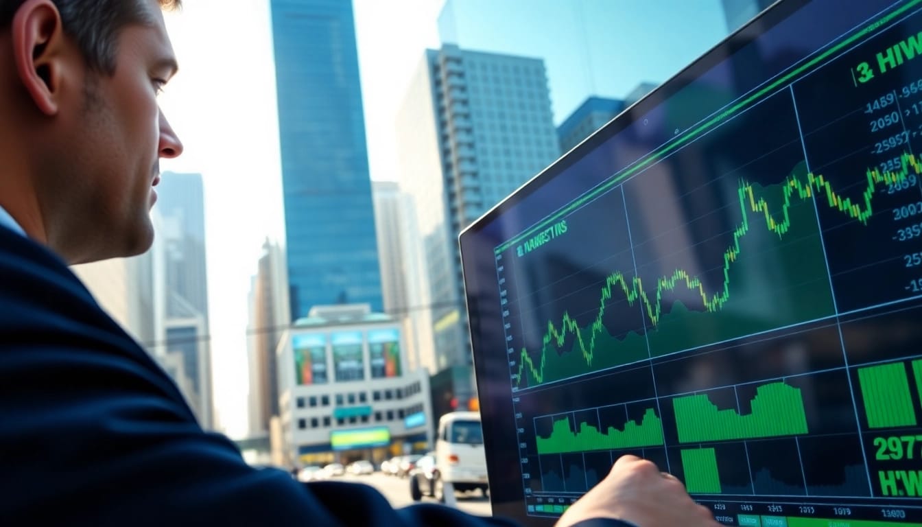 Analyzing the HWM stock price trends in a vibrant financial district.