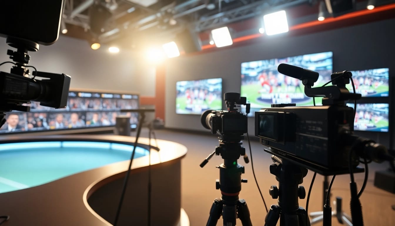 Broadcasting sports broadcasting setup with journalists and live event screens.