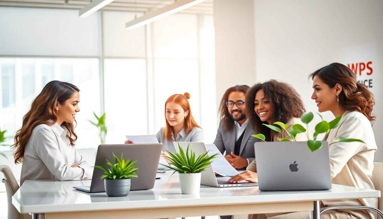 WPS官网下载: Professionals collaborating in a modern office using WPS Office's AI-powered tools