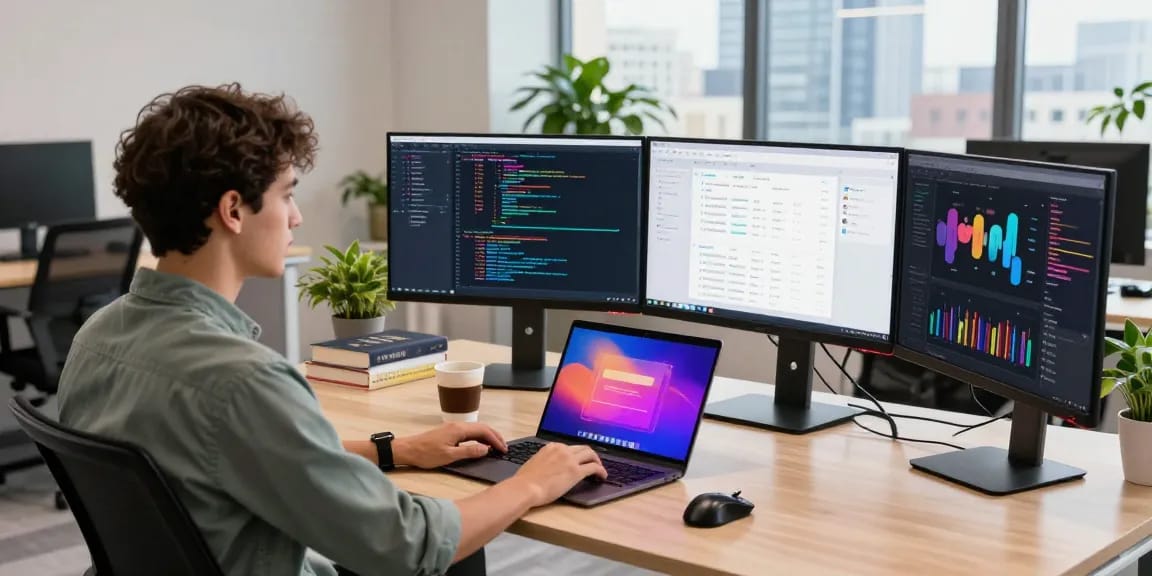 Developer at a modern workspace coding for 纸飞机中文版官网, showcasing vibrant technology and productivity.