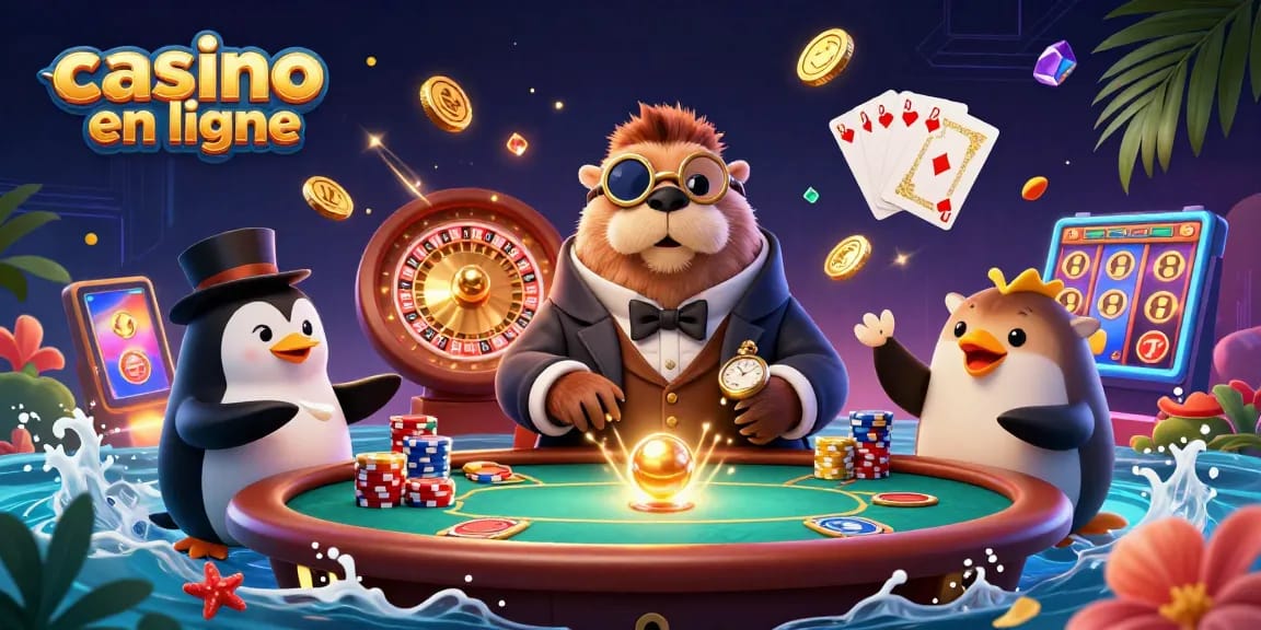 Jouez dans un casino en ligne avec un morse élégant, un dealer pingouin et un poisson-globe bluffeur.