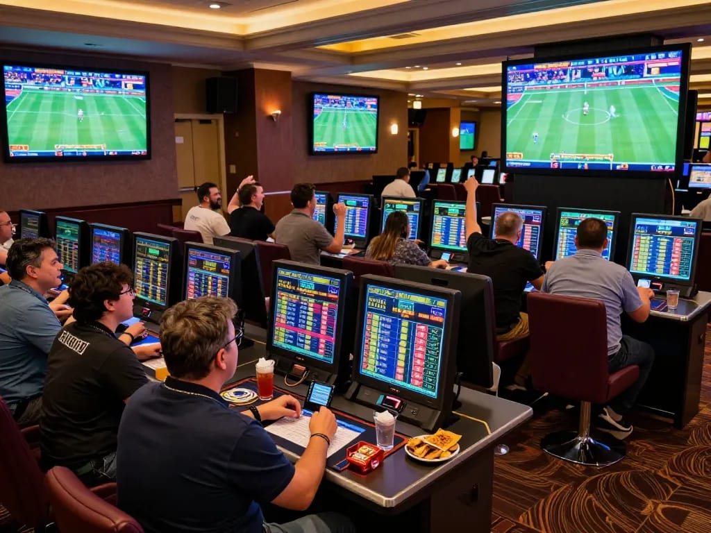 Betting excitement at ONE88.COM sports lounge with bettors analyzing odds and celebrating wins