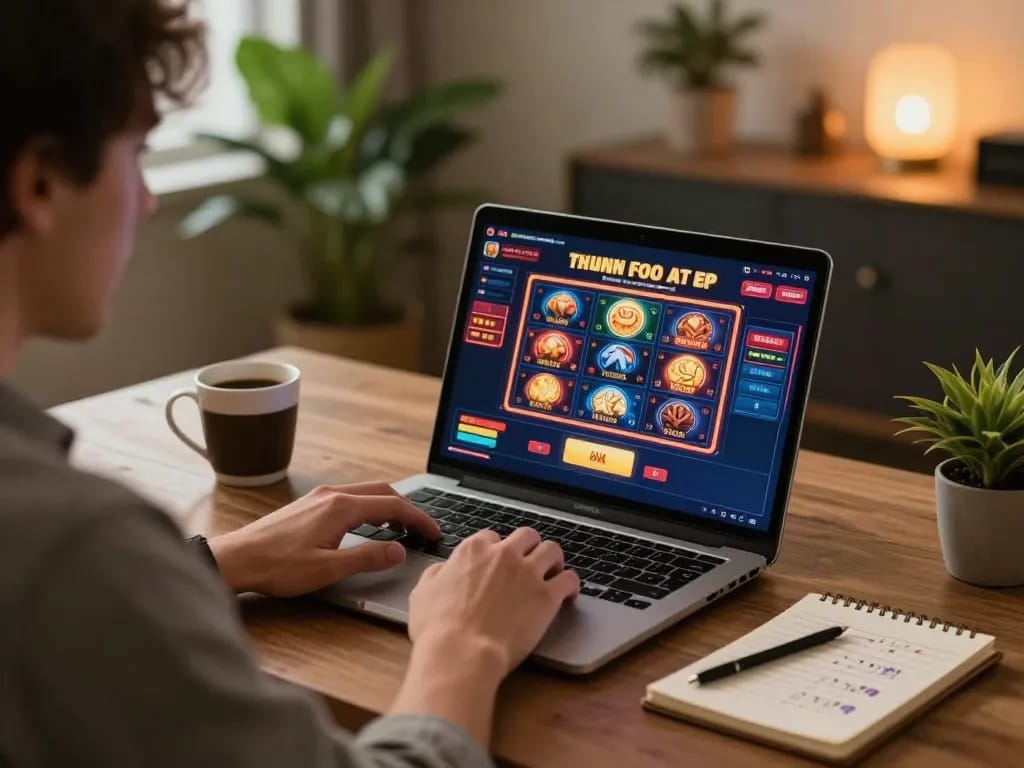 Engaging scene of online gambling with giường bệnh nhân ambiance featuring vibrant slots on a laptop, coffee nearby.