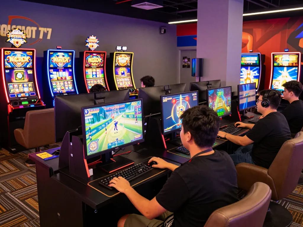 Exciting gaming scene at VEGASSLOT77 with players immersed in slot games and vibrant graphics.