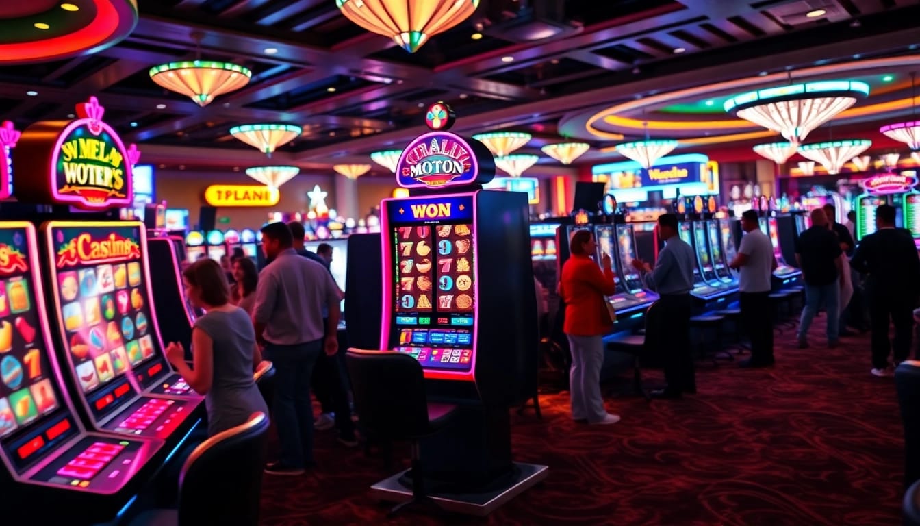 Menangkan slot88 online dengan mesin slot yang berwarna-warni dan pemain antusias di latar belakang.