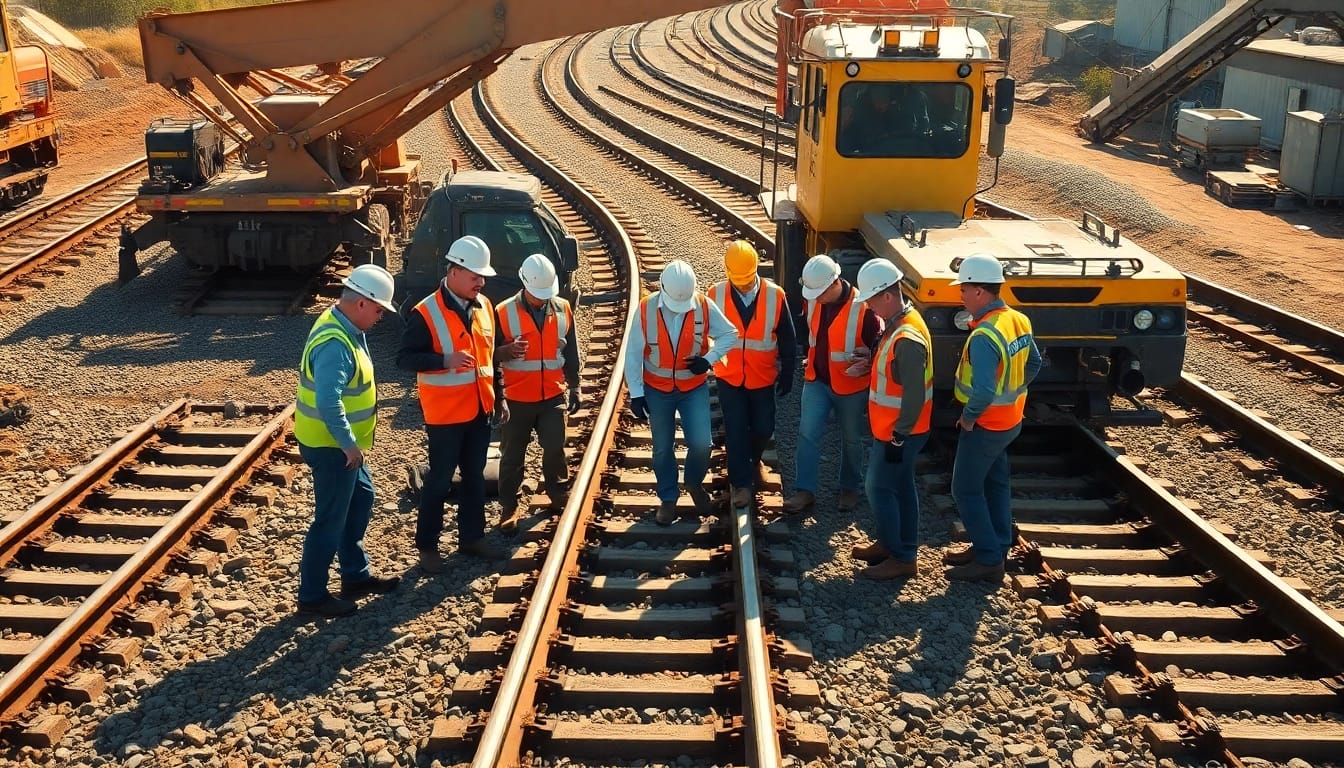 Railroad Contractors Near Me collaborating on a construction site, showcasing teamwork and machinery.