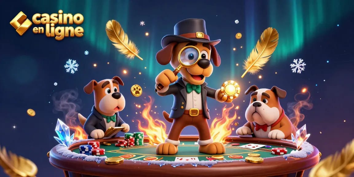 Jouer au casino en ligne avec un détective cartoon et son compagnon dans une scène riche en éléments de poker.