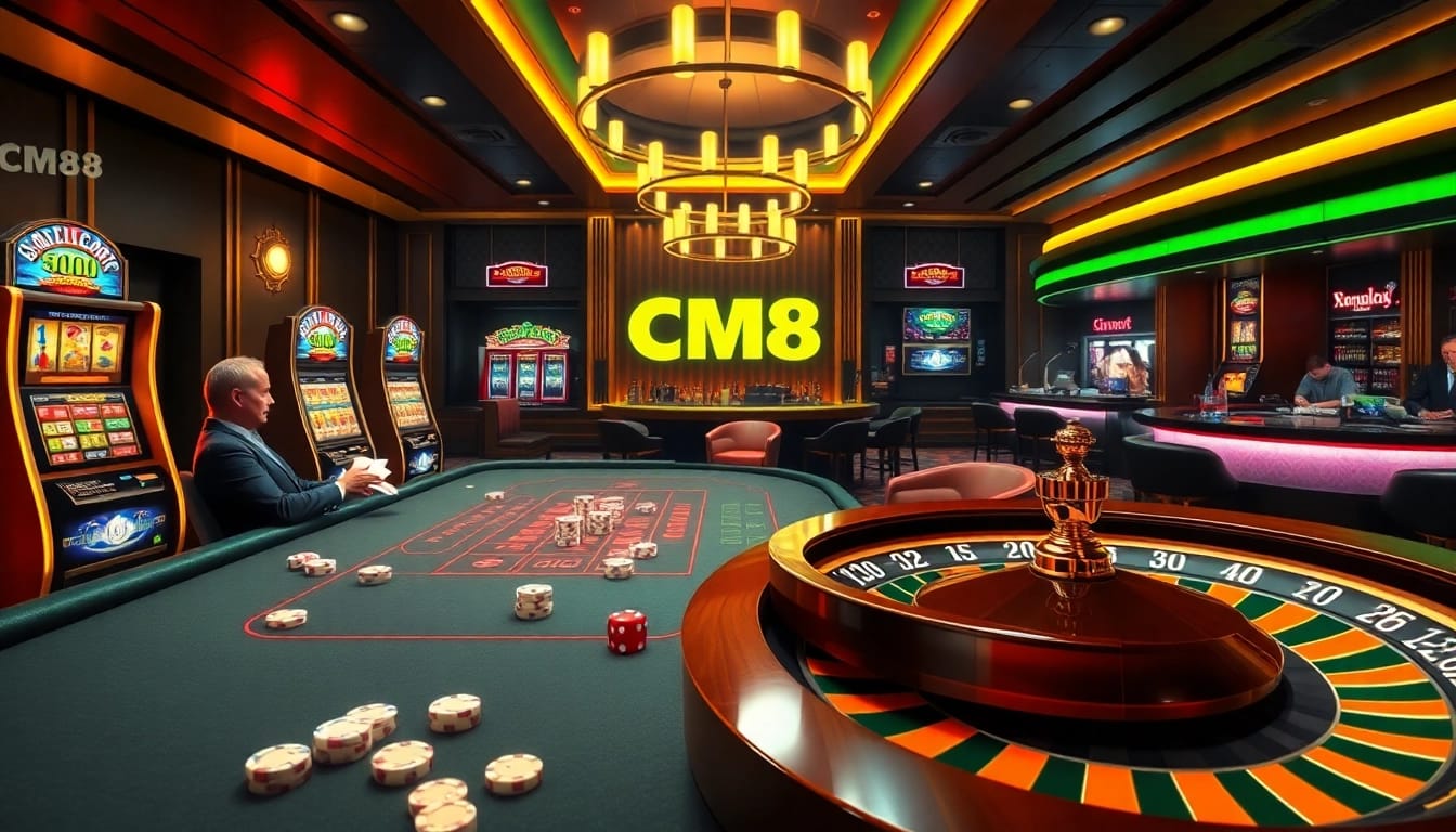 Engaging scene of online gambling at cm88.com with high-stakes poker, slot machines, and roulette.