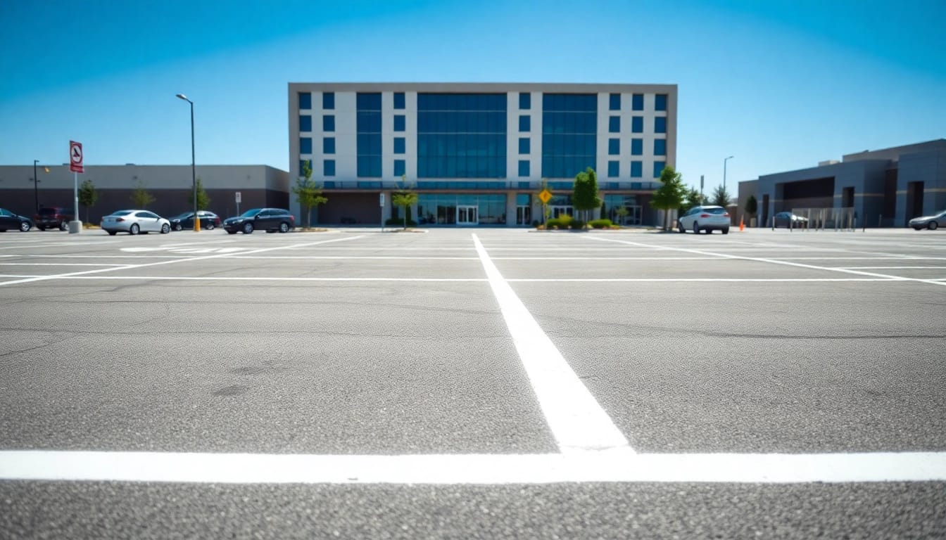 Expertly executed Parking lot striping Jackson MS creating clear and organized spaces in a professional urban setting.
