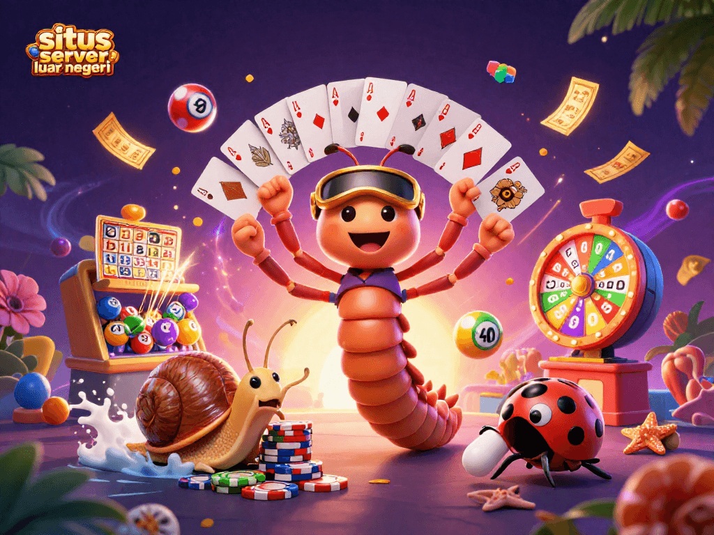 Spark excitement playing at situs server luar negeri with a vibrant casino-themed illustration showcasing a dealer, high roller, and prize elements.
