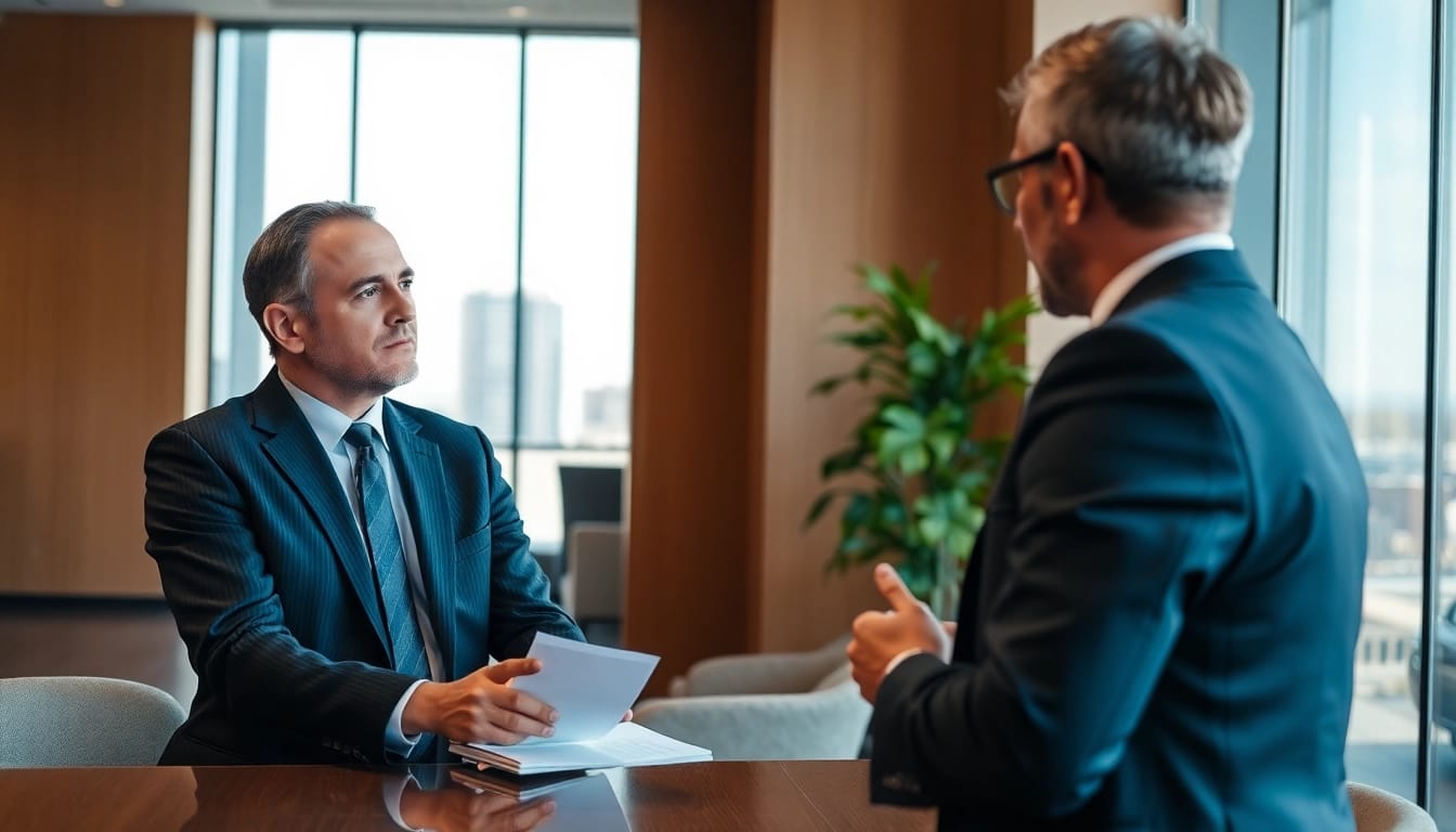 Engaged Alexandria Personal Injury Lawyer discussing case details with a client in an office.