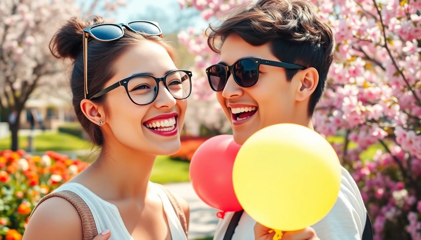 Two friends enjoying a fun face swap in a bright park setting.