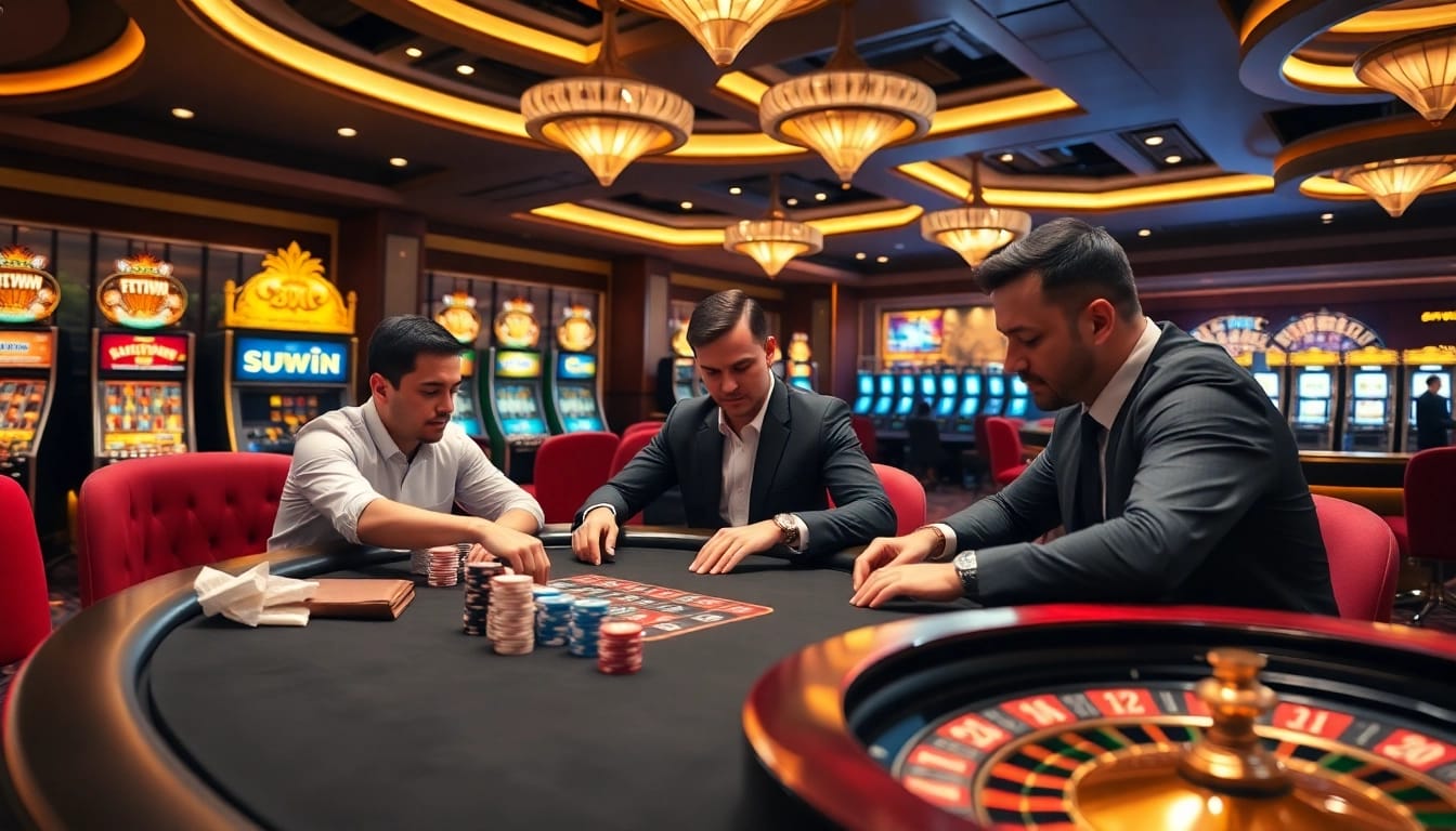 SUNWIN casino players strategizing at a luxurious poker table amidst vibrant slot machines.