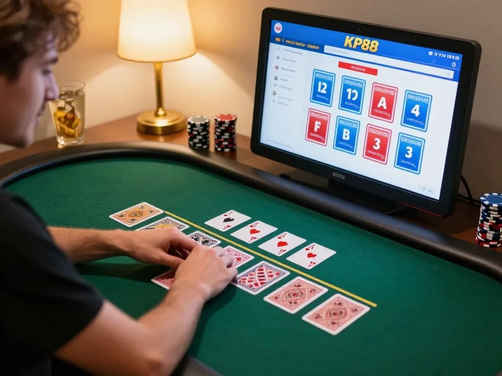 Excited player at KP88 online casino engages in live dealer poker game from home setup