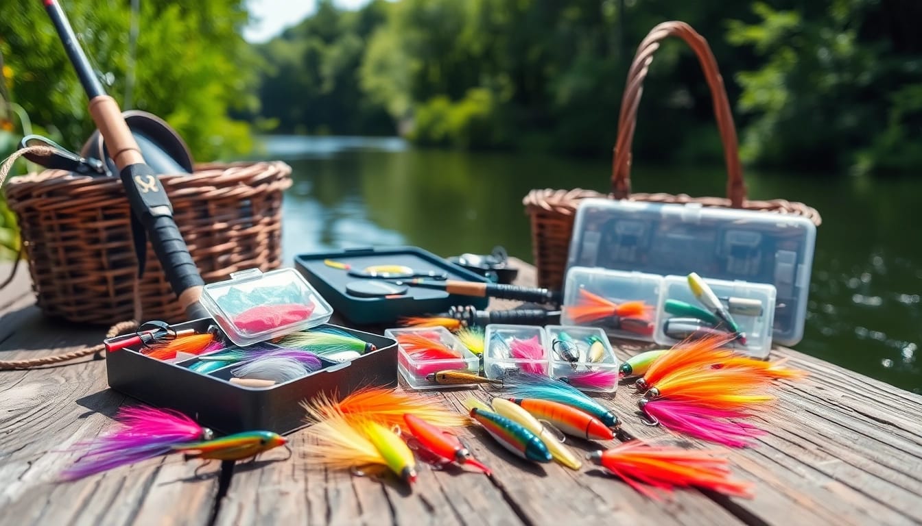 Engaging fly fishing gifts displayed with vibrant lures and gear on a rustic surface.