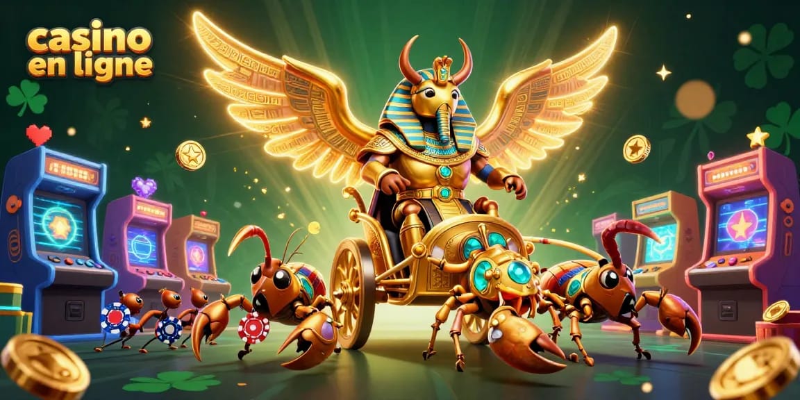 Attrapez les gains sur casino en ligne avec un scarabée géant et des jetons scintillants.