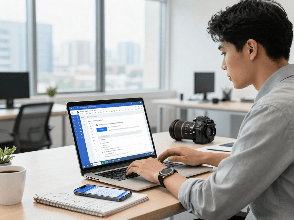 显示WPS中文办公软件下载的现代办公空间，一位专业人士正在使用WPS Office，背景有城市风景。