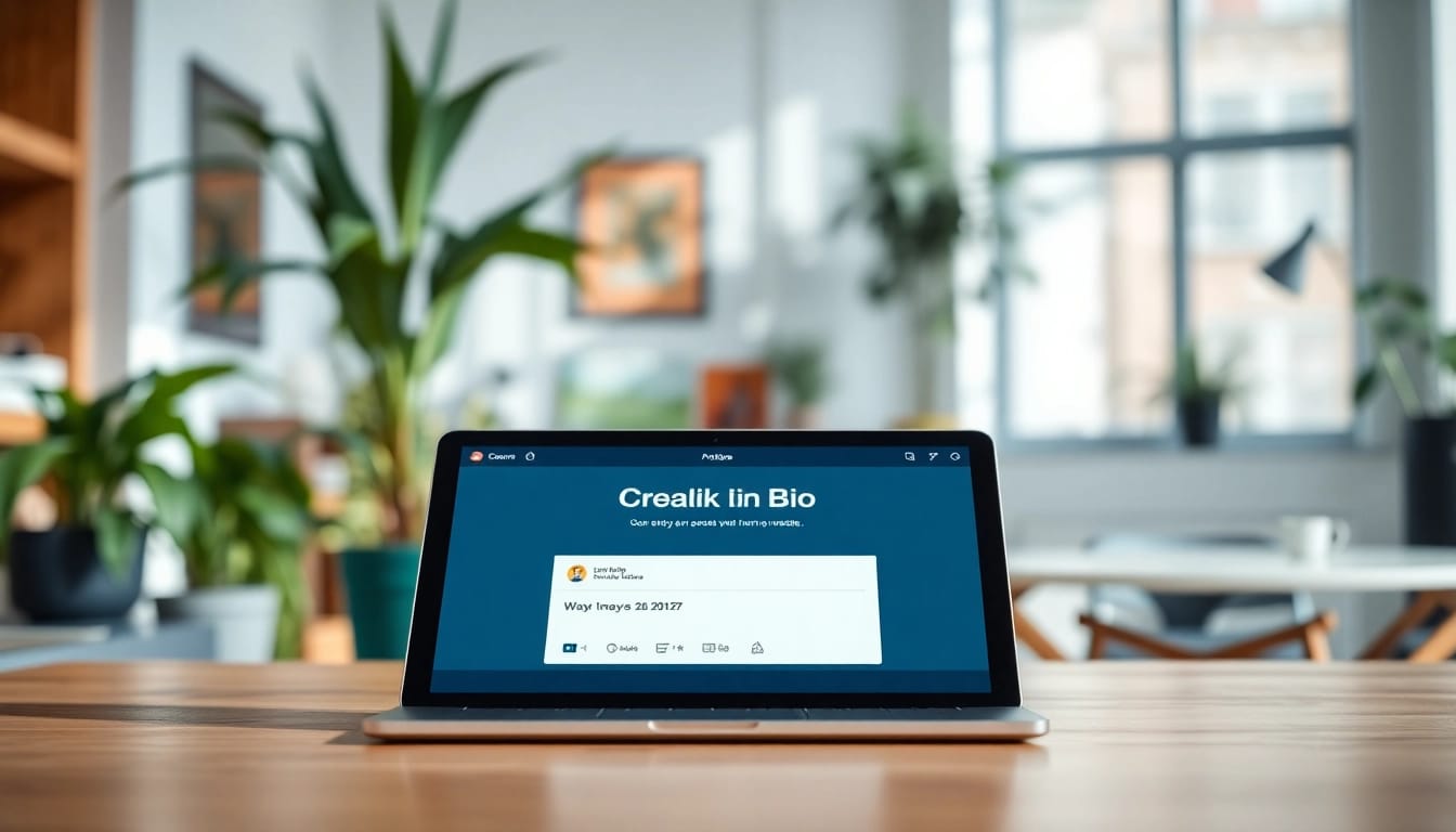 Showcasing Free link in bio tool on a sleek device in a modern workspace.