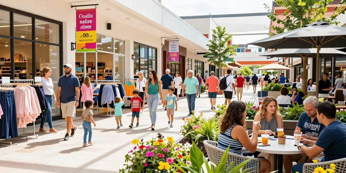 Shoppers enjoying a vibrant afternoon at https://www.goldhillplaza.com with diverse families and colorful store displays.