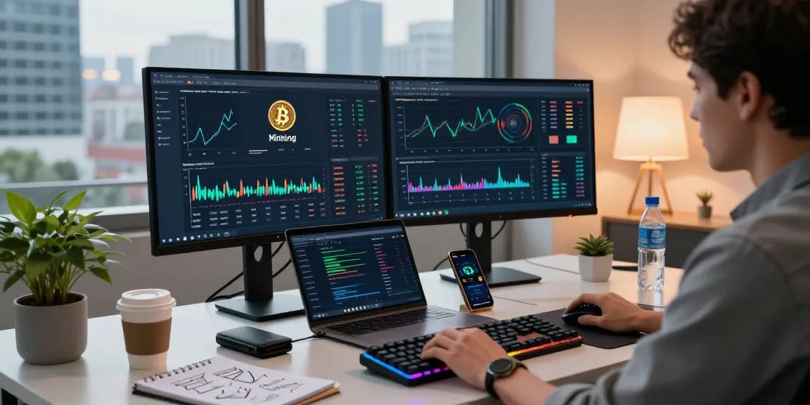 Automated bitcoin mining showcased in a modern crypto trading workspace featuring advanced charts and security tools.