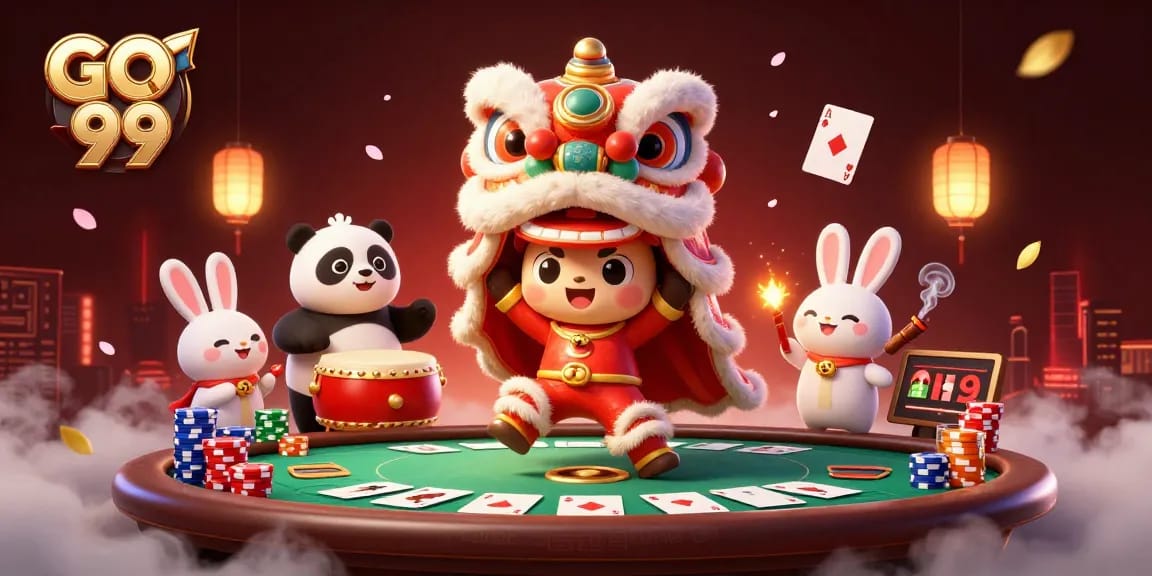 Engage with GO 99 in a dynamic casino scene, dancing lions, poker elements, and festive decorations.