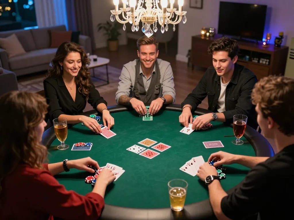 Players enjoy a lively poker night at home, illustrating the fun of king33 gaming experiences.