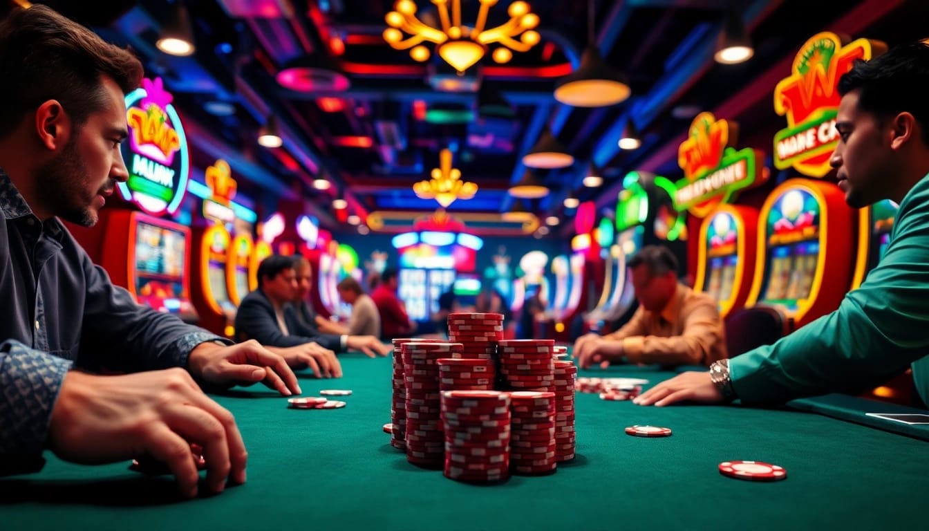 Permainan poker dengan cuan123 di kasino yang meriah dan penuh warna.