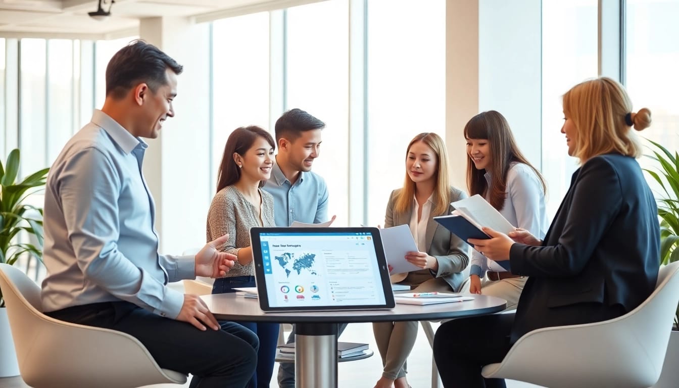 Engaging professionals using youdao翻译 AI technology in a modern office for seamless multilingual collaboration.