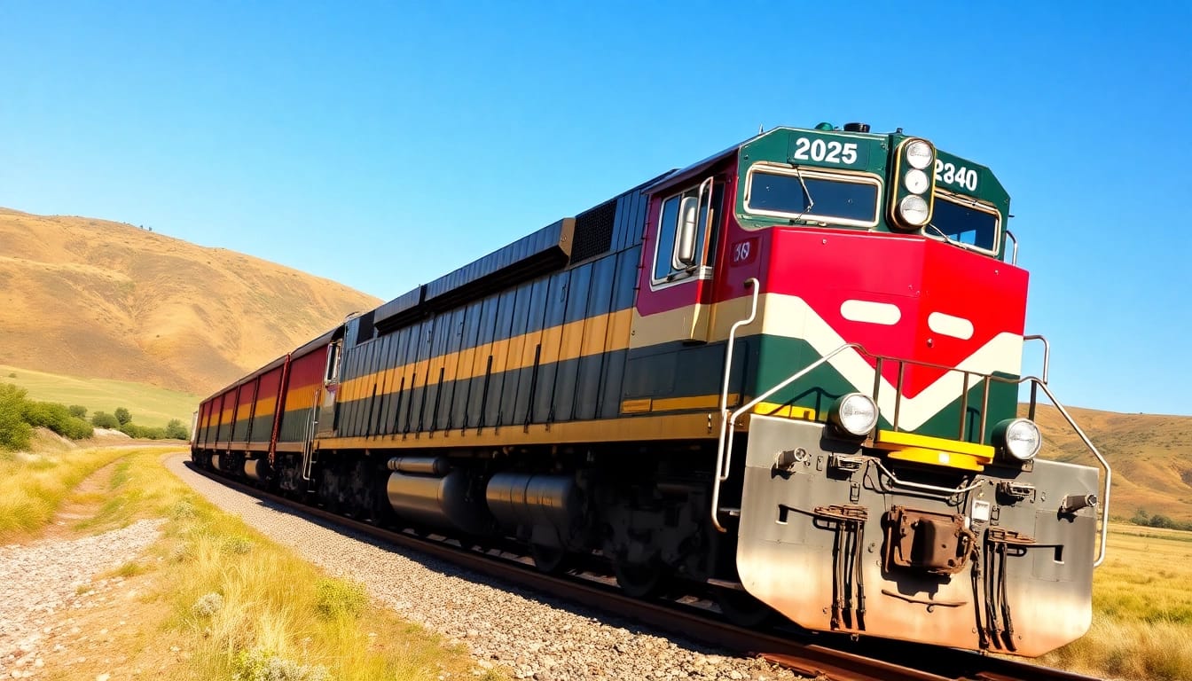 Freight train on ows rail traversing beautiful landscapes, emphasizing railway importance.