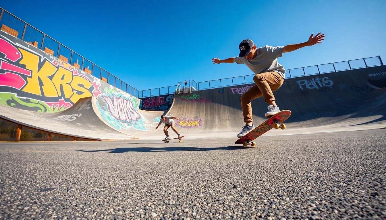 Apprenez le Cours Skateboard Paris avec des jeunes skateurs exécutant des figures dynamiques.
