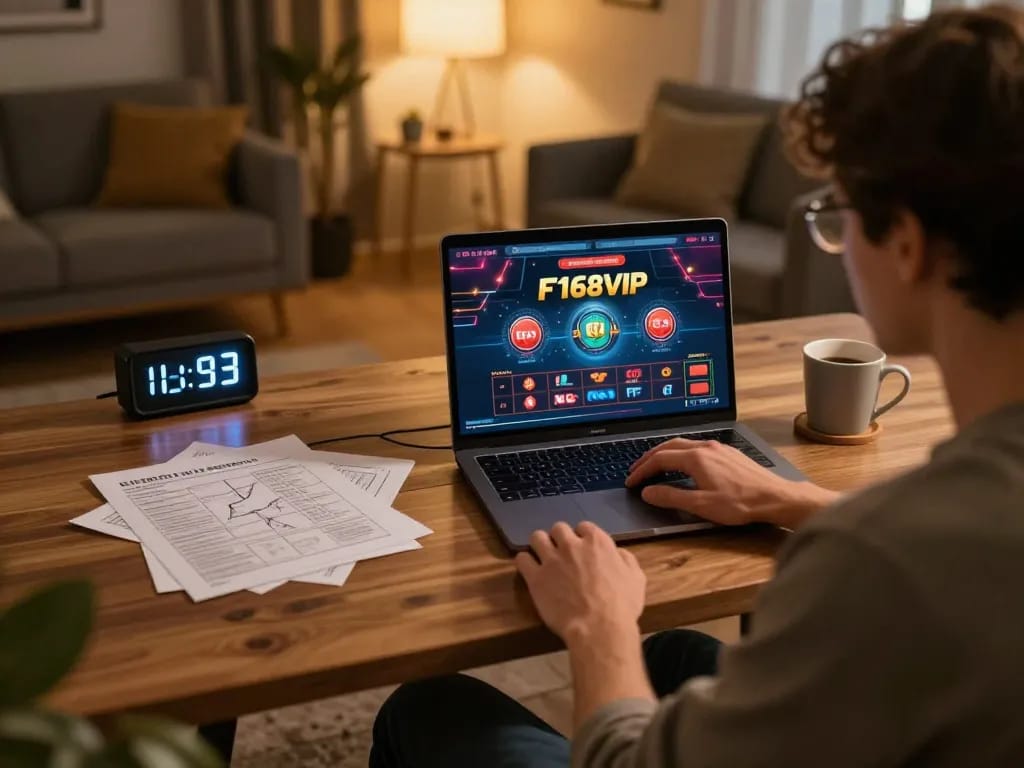 Engaged player strategizing on F168VIP online gambling site in cozy home office setting.