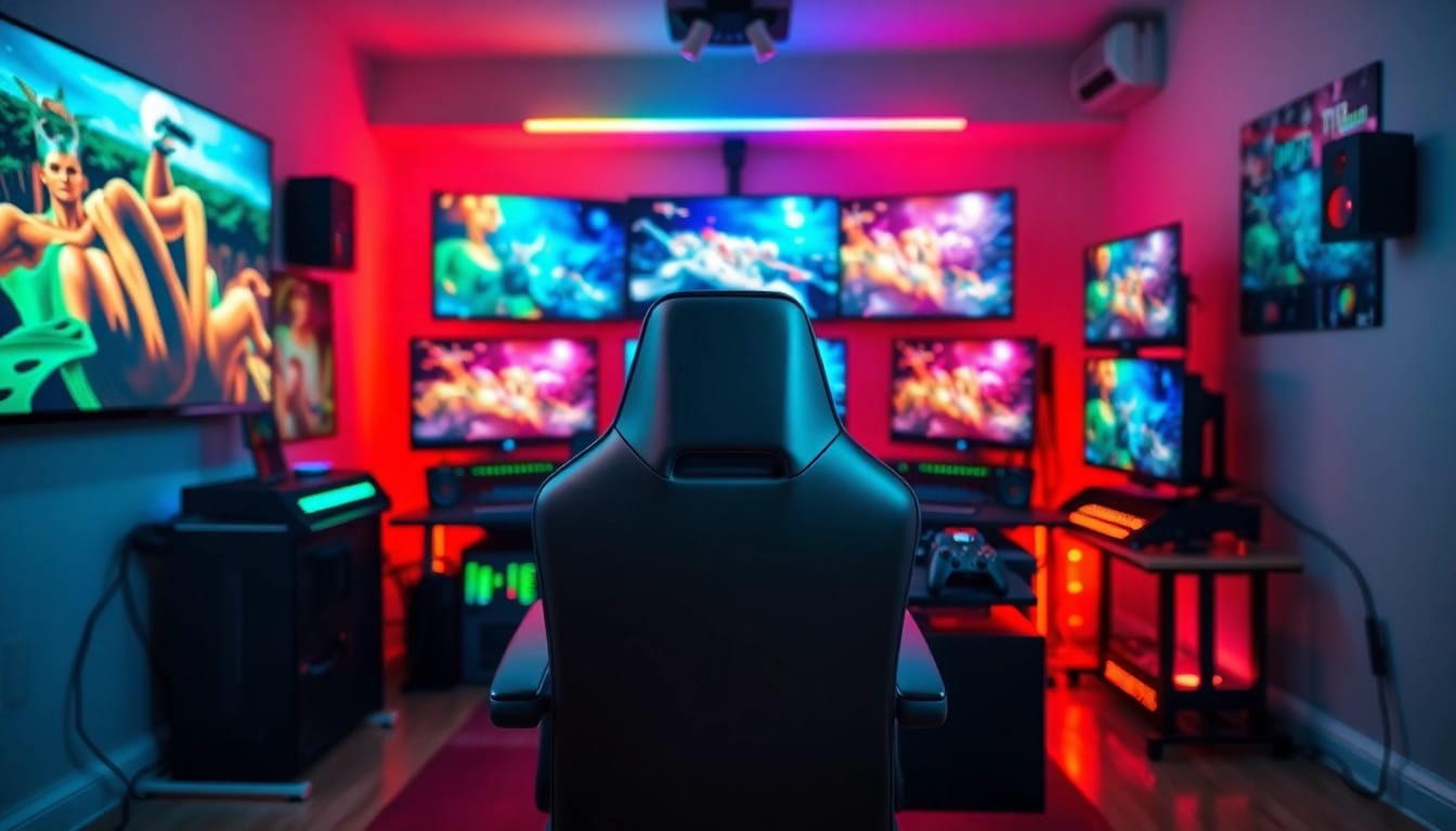 Melihat lapak303 daftar game dalam suasana gaming yang energik dengan peralatan modern.