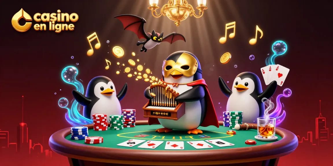 Jouez à casino en ligne avec un pingouin fantôme et un acrobate envoûtant sous un chandelier.