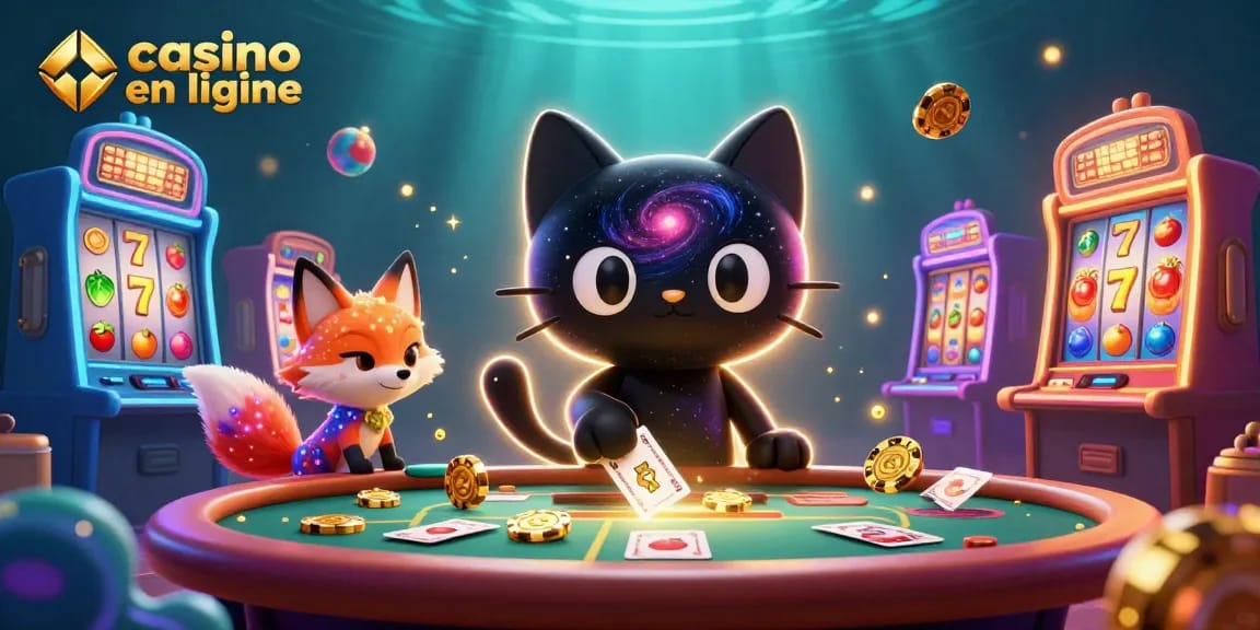Le casino en ligne fascinant avec un chat noir trou noir et un renard nébuleux, entourés de machines à sous colorées.